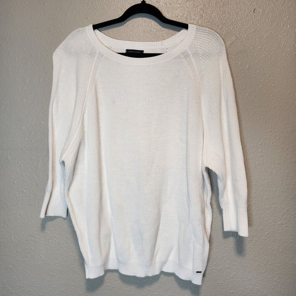 Tommy Hilfiger Cream White 100% Cotton 3/4 Sleeve Knit Pullover Sweater Large